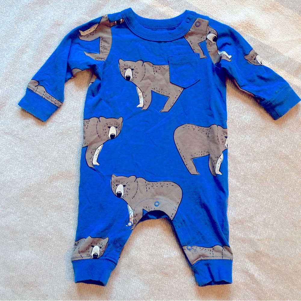 Tea Collection Bear Print Long Sleeve Romper Blue Cotton 0-3 Months